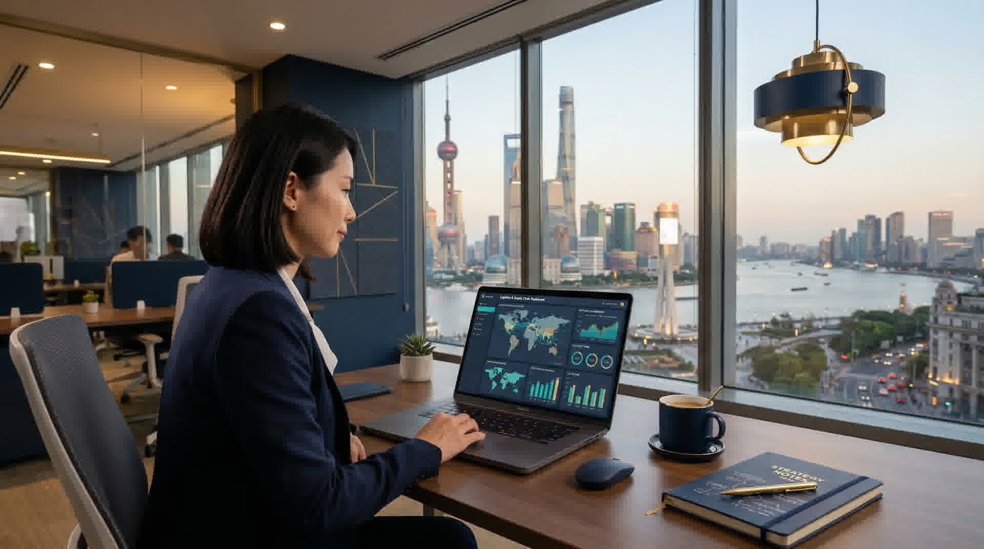 Profesional en oficina moderna con vista de Shanghai al fondo