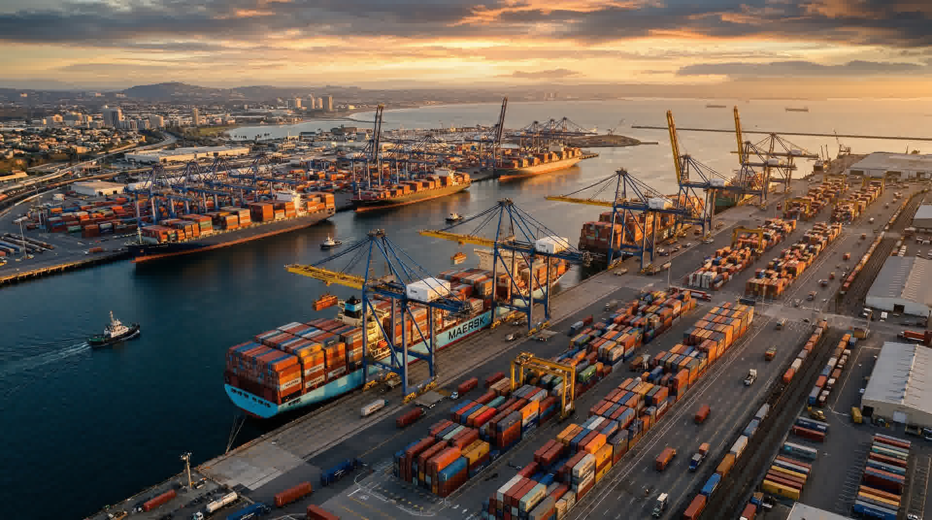 Vista aérea de un puerto internacional con contenedores y grúas al atardecer